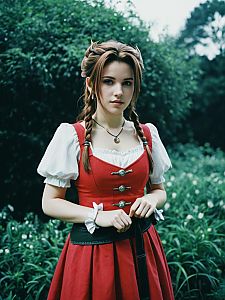 Woman in Aerith Cosplay Costume Cinematic Portrait