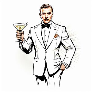Confident Man in White Tuxedo Toasting with Martini