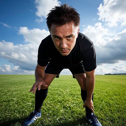 Determined Athlete Positioned on Grassy Field Preparing for Sport
