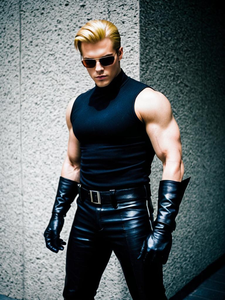 Albert Wesker Inspired Man in Black Leather Outfit and Sunglasses
