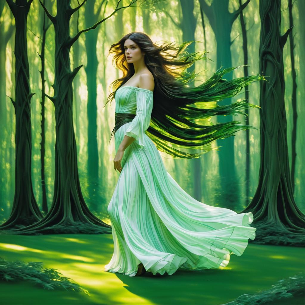 Woman in Green Dress in Lush Forest