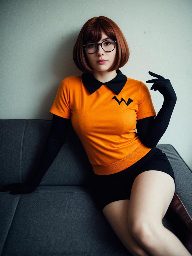 Woman in Orange Top and Black Shorts on Gray Couch