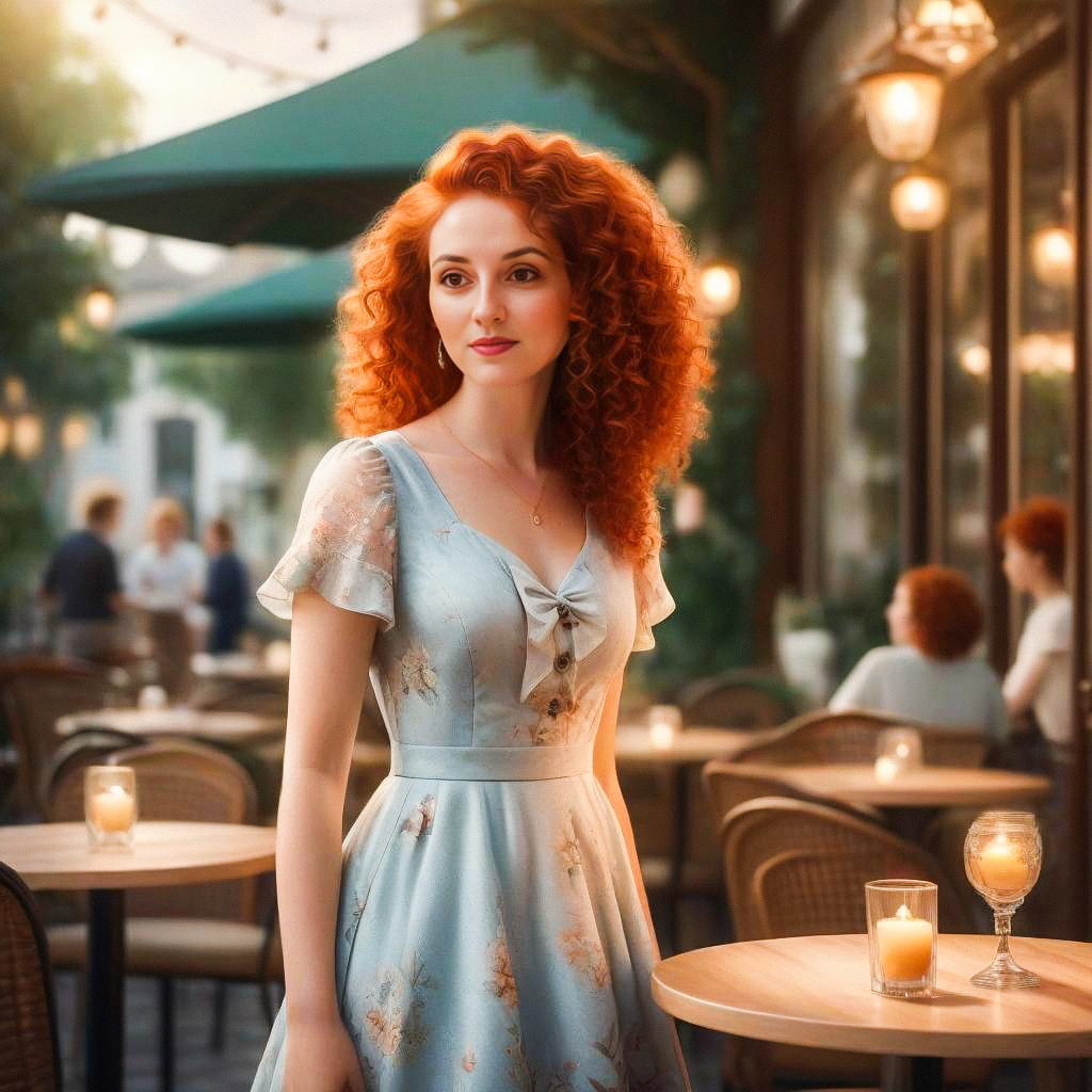 Elegant Woman in Floral Dress at Outdoor Café Elegant Woman in Floral Dress at Outdoor Café