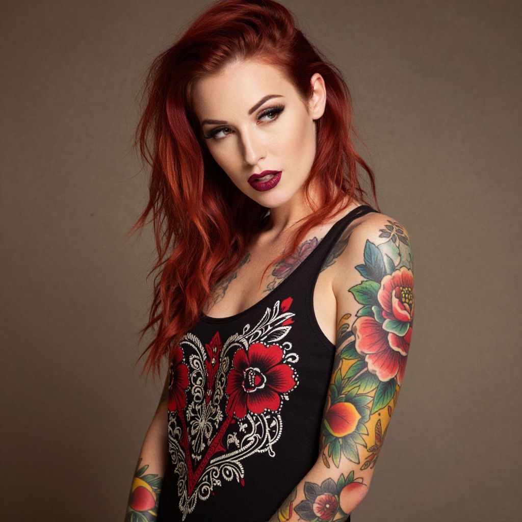 Red Haired Woman with Floral Tattoos Wearing Black Tank Top
