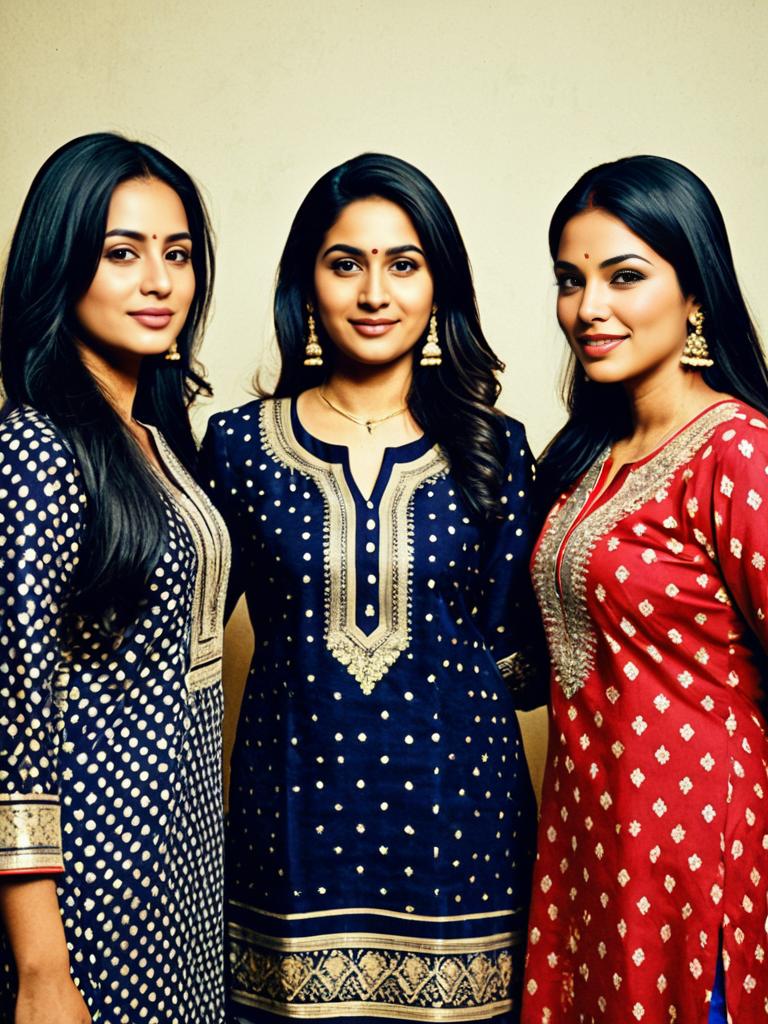 Elegant Indian Women in Traditional Embroidered Kurtas