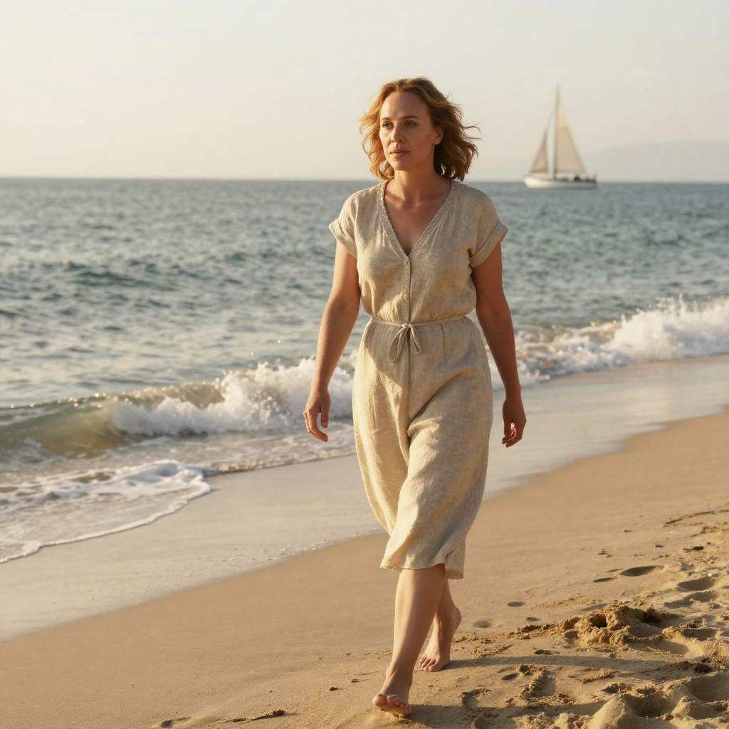 Woman Walking on Beach at Sunset with Sailboat in Background