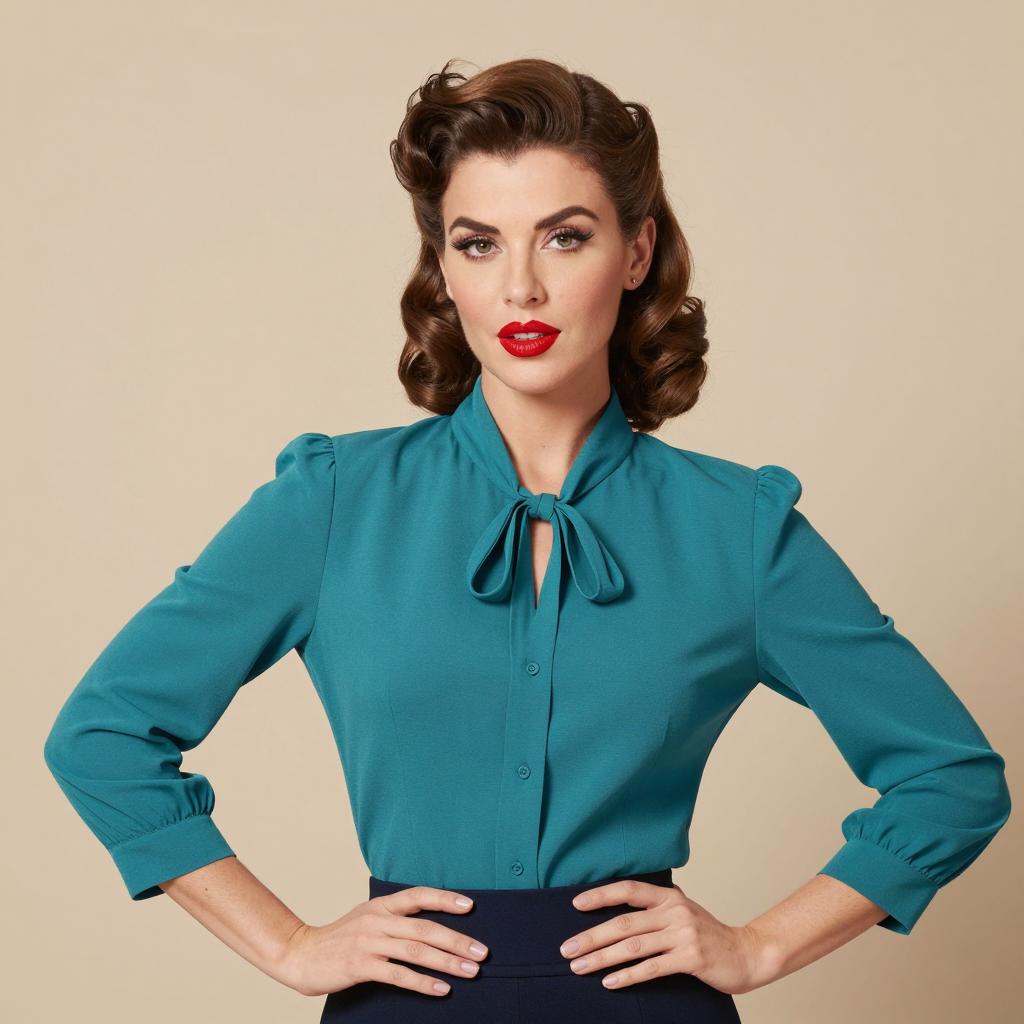 Vintage 1950s Style Woman in Teal Blouse with Retro Waves Hairstyle
