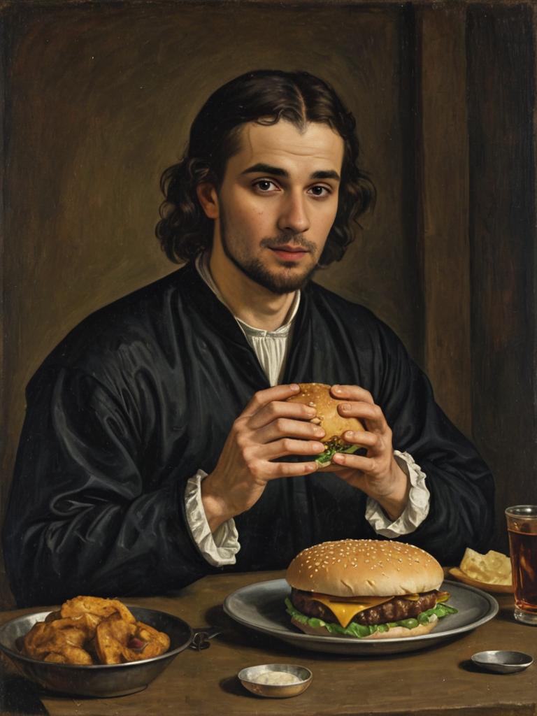 Man with Cheeseburger in 16th-Century Oil Painting Style