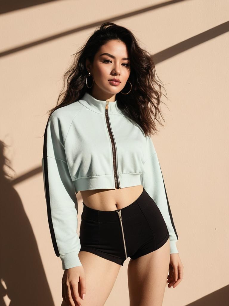Sporty Chic Woman in Cropped Varsity-Style Zip-Up Top and Black Shorts