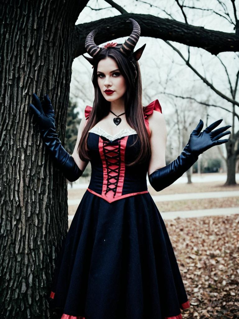 Woman in Draculaura Costume with Horns and Black Red Gothic Dress Outdoors