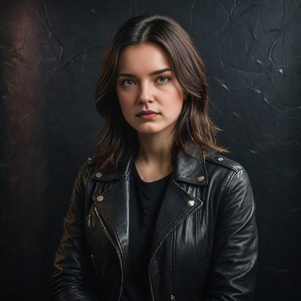 Serious Young Woman in Black Leather Jacket