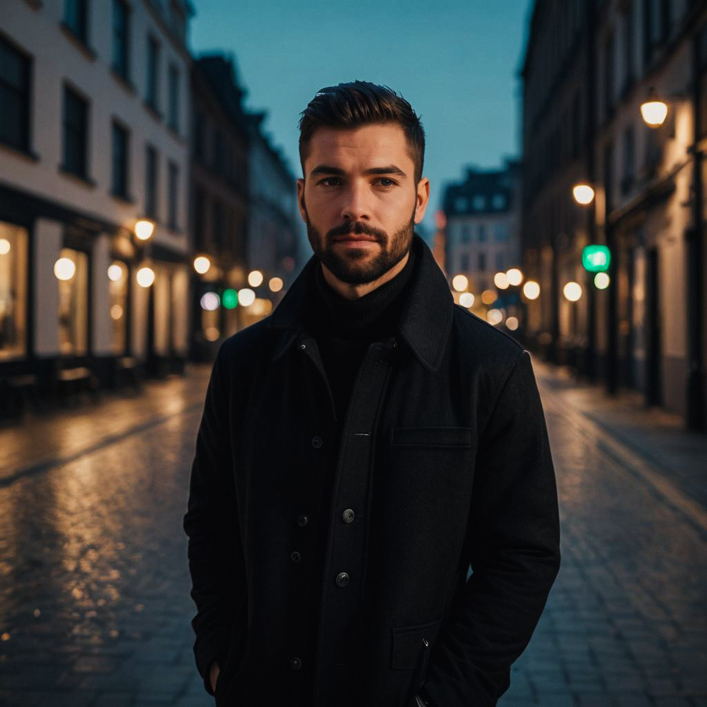Confident Man on Cobblestone Street at Twilight Confident Man on Cobblestone Street at Twilight