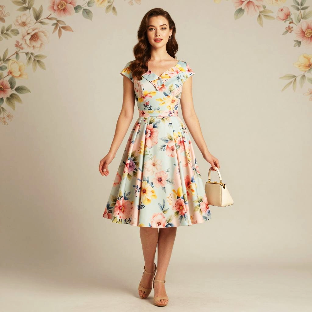 Vintage Floral Midi Dress with Accessories on Woman