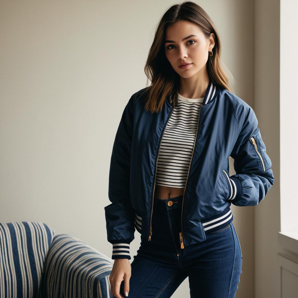 Young Woman in Navy Bomber Jacket and Striped Crop Top Fashion Portrait