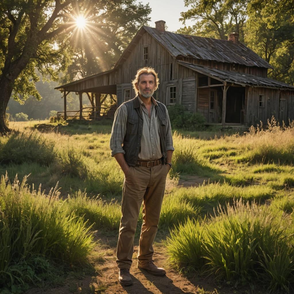 Confident Man by Rustic Farmhouse at Sunset