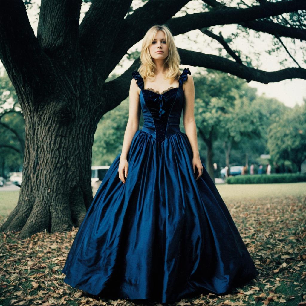Blonde Woman in Elegant Blue Satin Gown by Tree