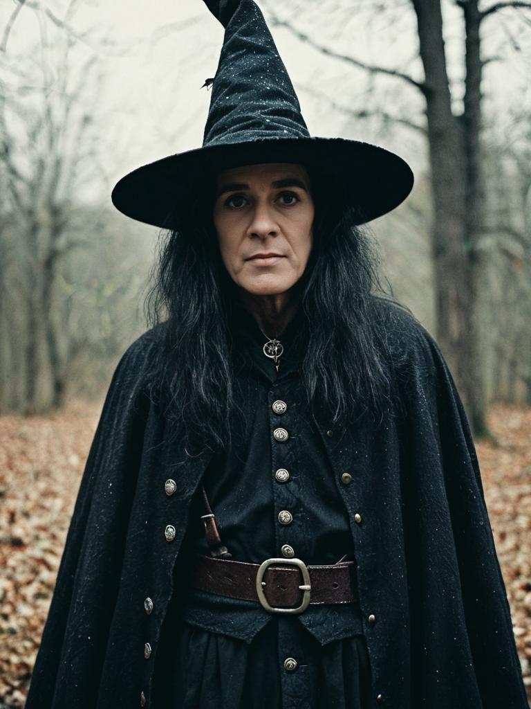 Modern Male Witch Costume with Black Cloak and Pointed Hat in Forest