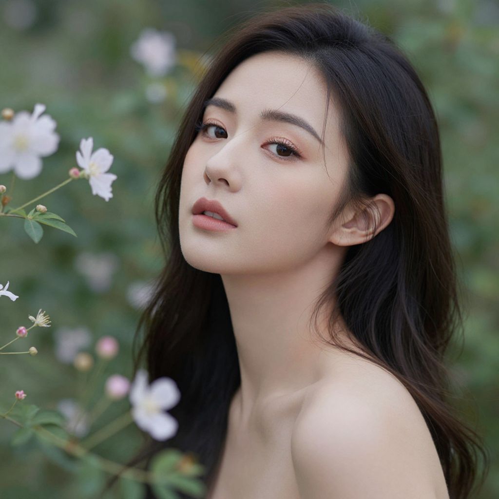Elegant Close-Up Portrait of Woman with Flowers in Soft Natural Light
