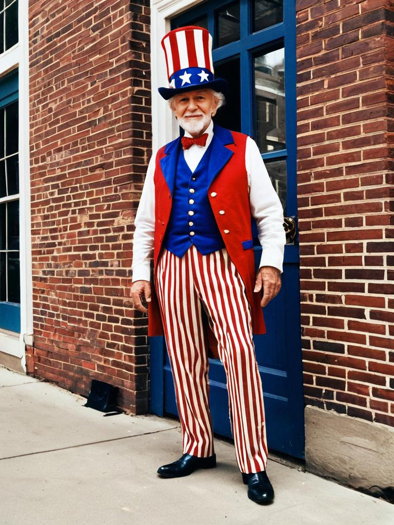 Elderly Man in Patriotic Costume by Blue Door