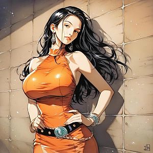Stylish Woman in Orange Dress Against Tiled Wall