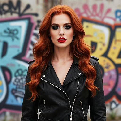 Confident Woman with Red Hair and Leather Jacket in Urban Graffiti Setting