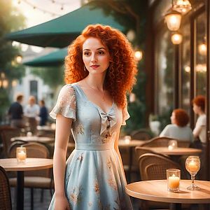 Elegant Woman in Floral Dress at Outdoor Café