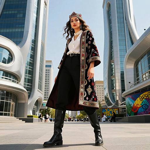 Fashionable Woman in Embroidered Coat and Crown Street Style