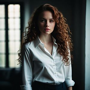 Portrait of Woman with Curly Hair Wearing White Shirt Indoors