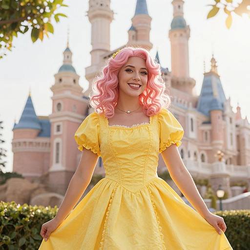 Woman in Yellow Princess Dress with Pink Hair Posing by Fairytale Castle
