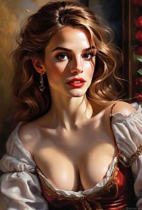 Elegant Renaissance Style Portrait of Woman with Golden Hair and Red Dress