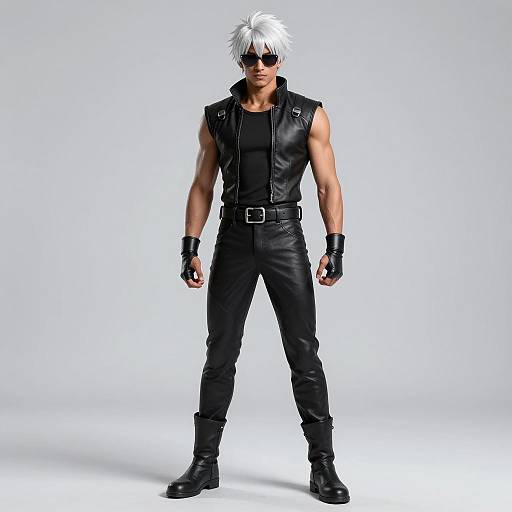 Man in Black Leather Outfit with White Hair and Sunglasses