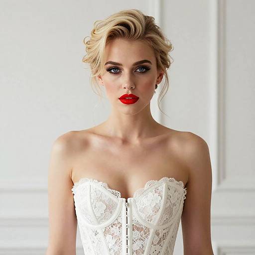 Glamorous Woman in White Lace Corset with Bold Red Lipstick