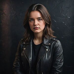 Serious Young Woman in Black Leather Jacket