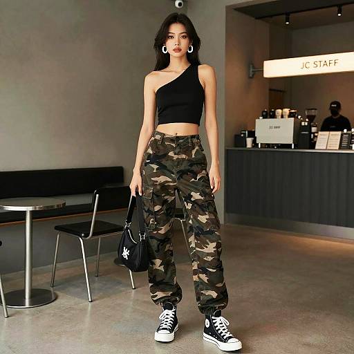 Tall Woman in Streetwear Wearing Asymmetrical Black One Shoulder Crop Top and Camouflage Cargo Pants