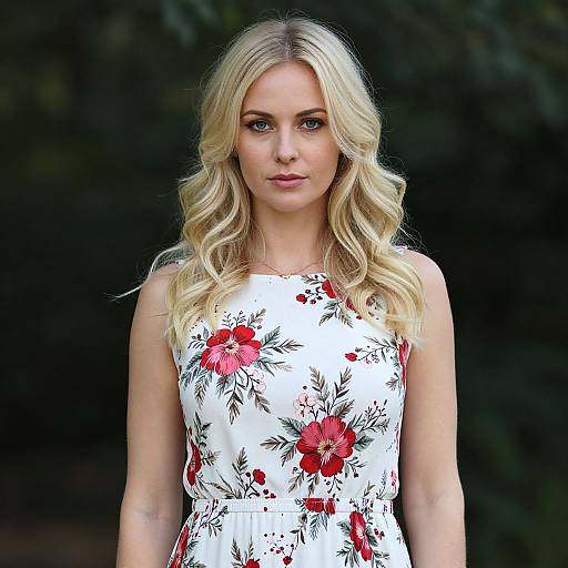 Blonde Woman in Floral Dress Outdoors Portrait vllm2604100143eph2