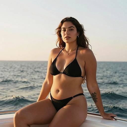 Young Woman in Black Bikini on Boat at Sea