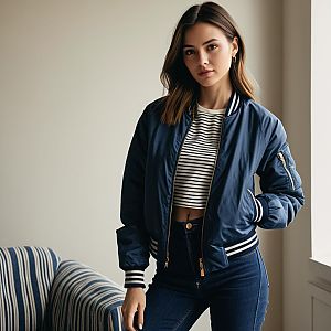 Young Woman in Navy Bomber Jacket and Striped Crop Top Fashion Portrait