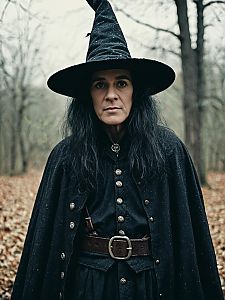 Modern Male Witch Costume with Black Cloak and Pointed Hat in Forest