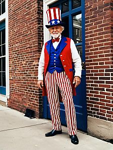 Elderly Man in Patriotic Costume by Blue Door