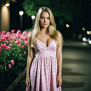 Woman in Pink Floral Nightgown Outdoors at Night
