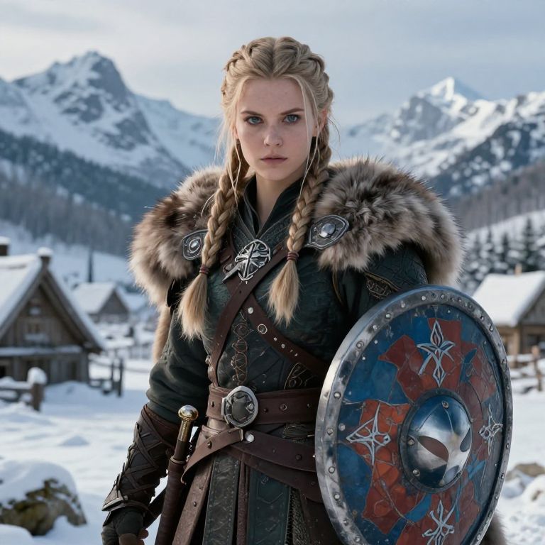 Viking Warrior Woman in Fur Cloak with Shield in Snowy Mountain Village