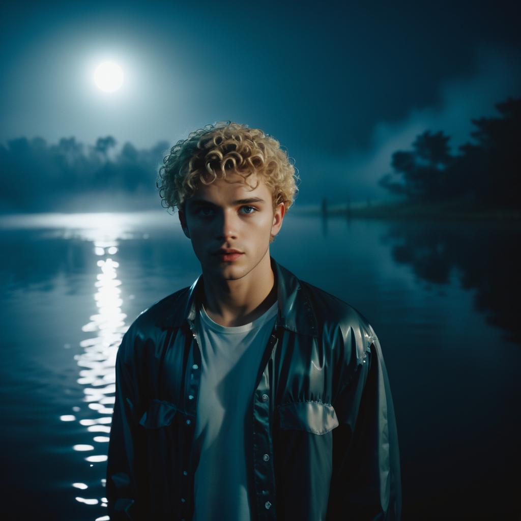 Young Man by Lake Under Full Moon