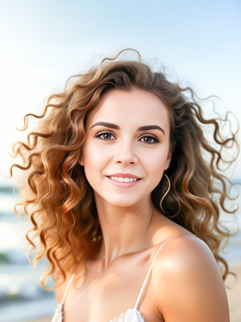 Radiant Young Woman Smiling at Beach