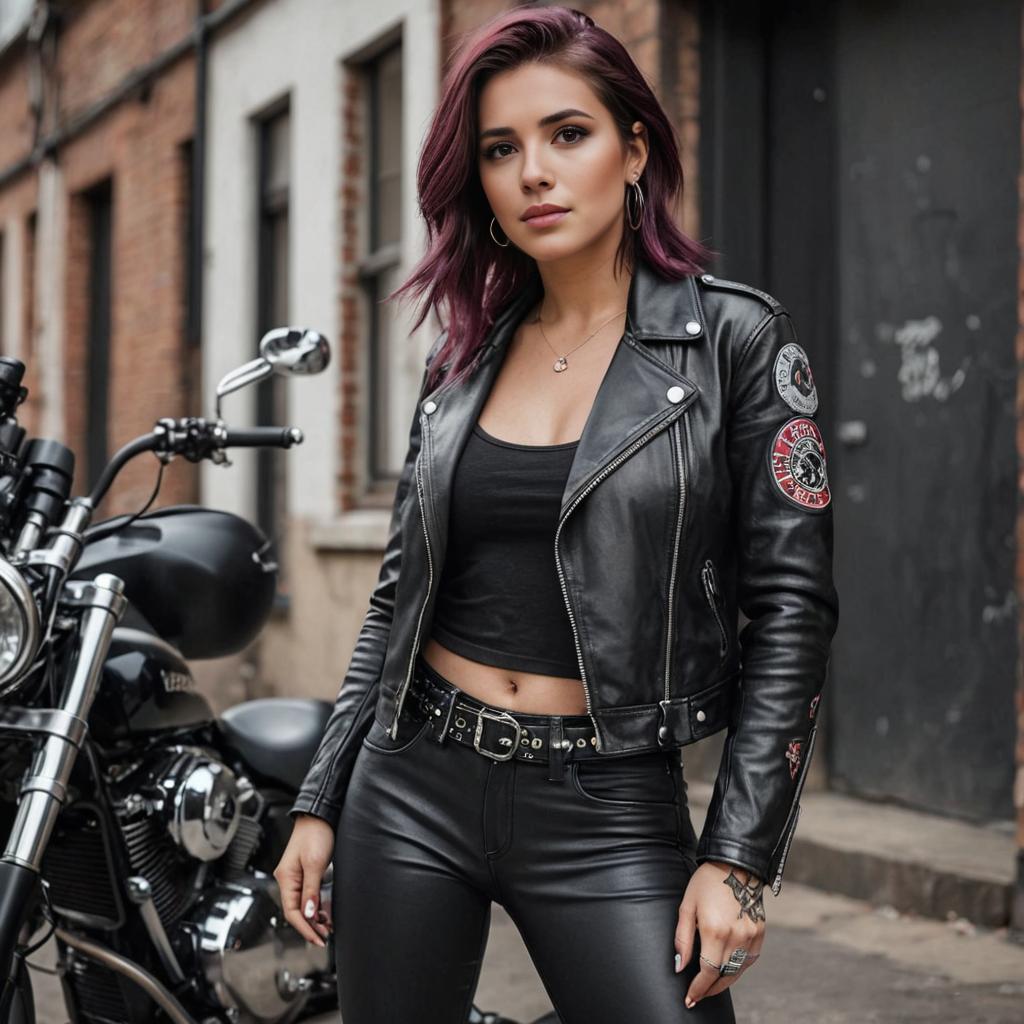 Confident Woman with Purple Hair by Motorcycle