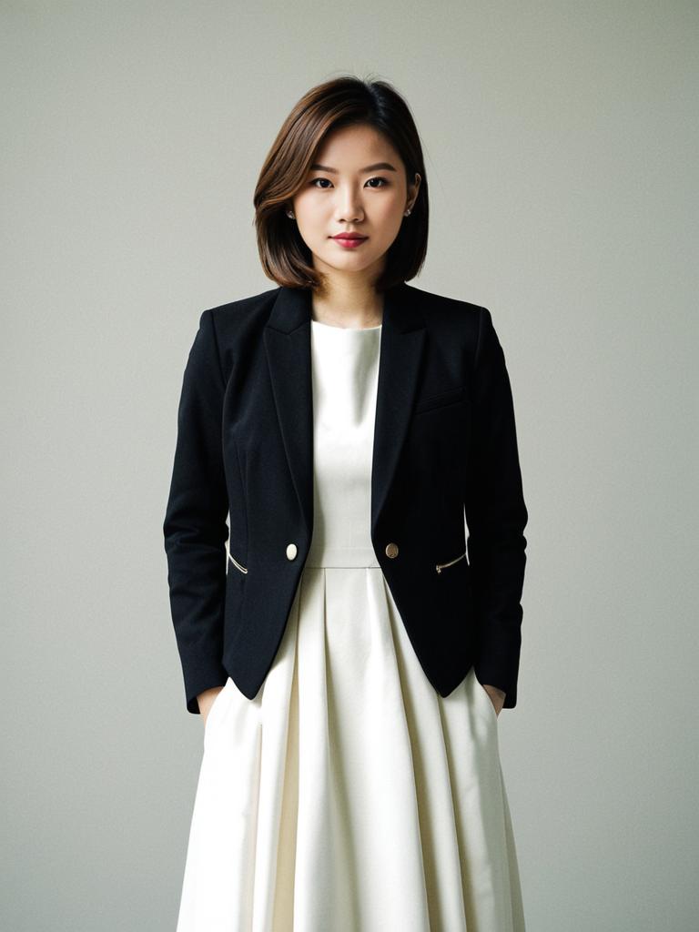 Elegant Wedding Guest Outfit Featuring Black Blazer and Cream Dress