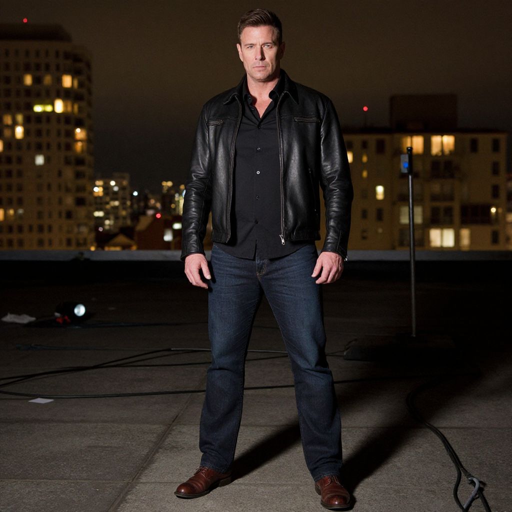 Man in Black Leather Jacket on Rooftop with City Nightscape