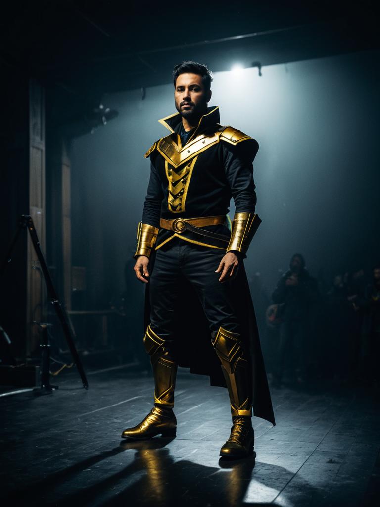 Man in One-Legged Gold and Black Costume at Cosplay Festival Photorealistic Portrait