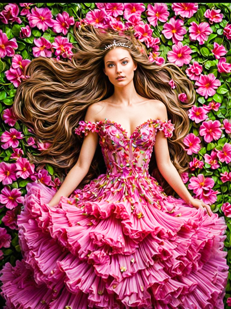 Woman in Pink Gown Among Flowers Woman in Pink Gown Among Flowers