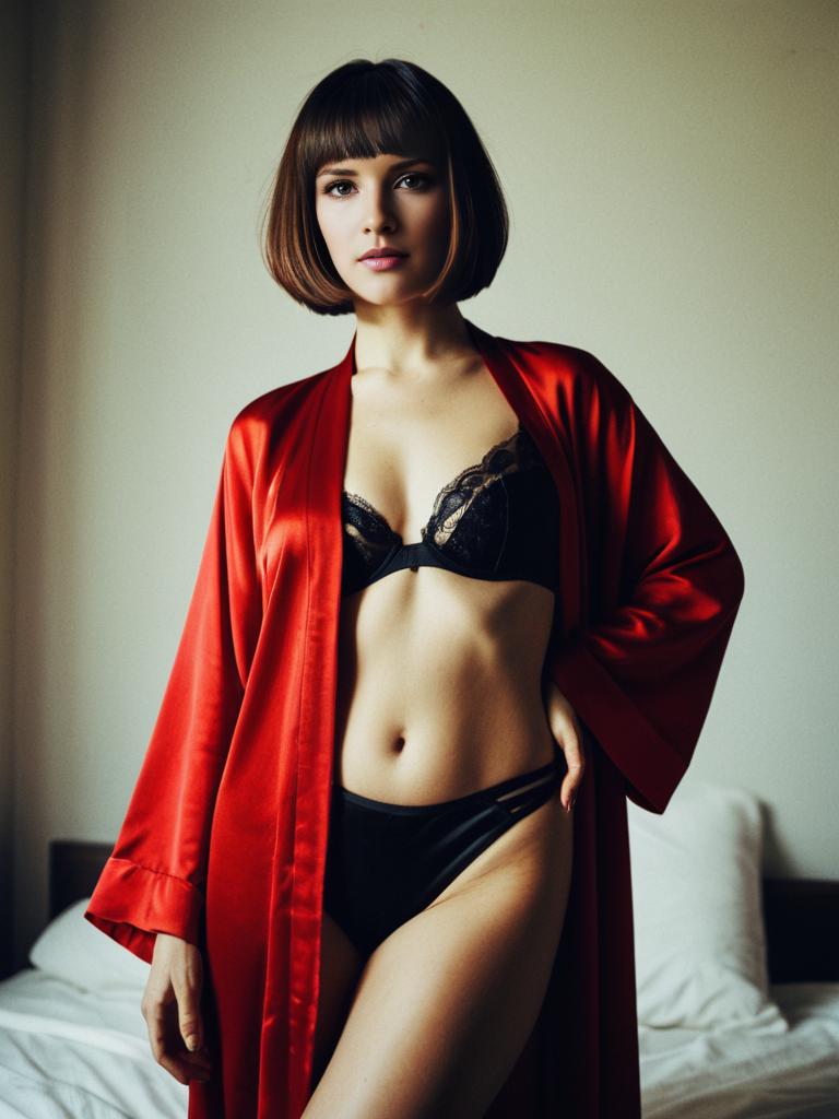 Elegant Woman in Black Lingerie and Red Satin Robe Boudoir Portrait