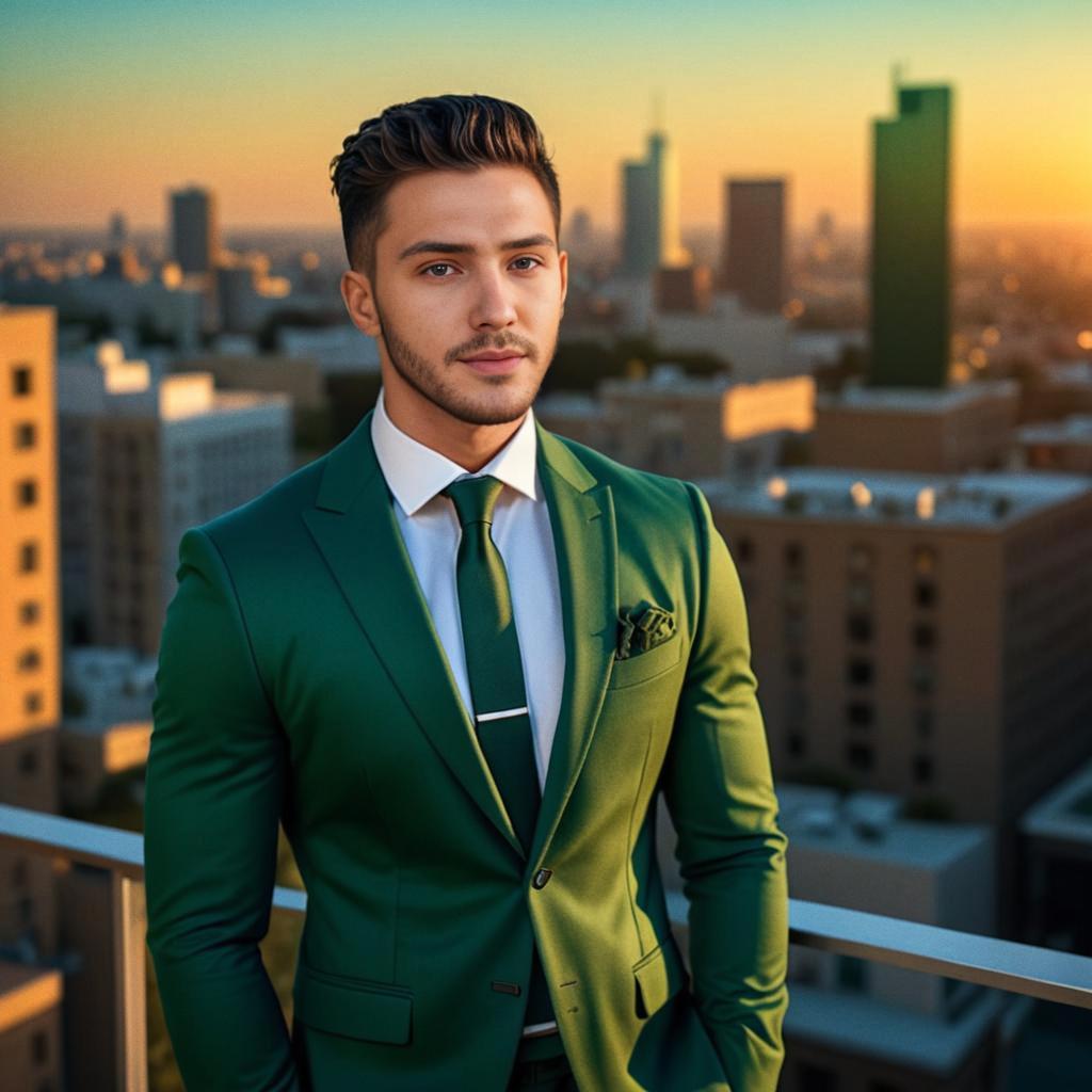 Confident Man in Green Suit Overlooking City Skyline at Sunset